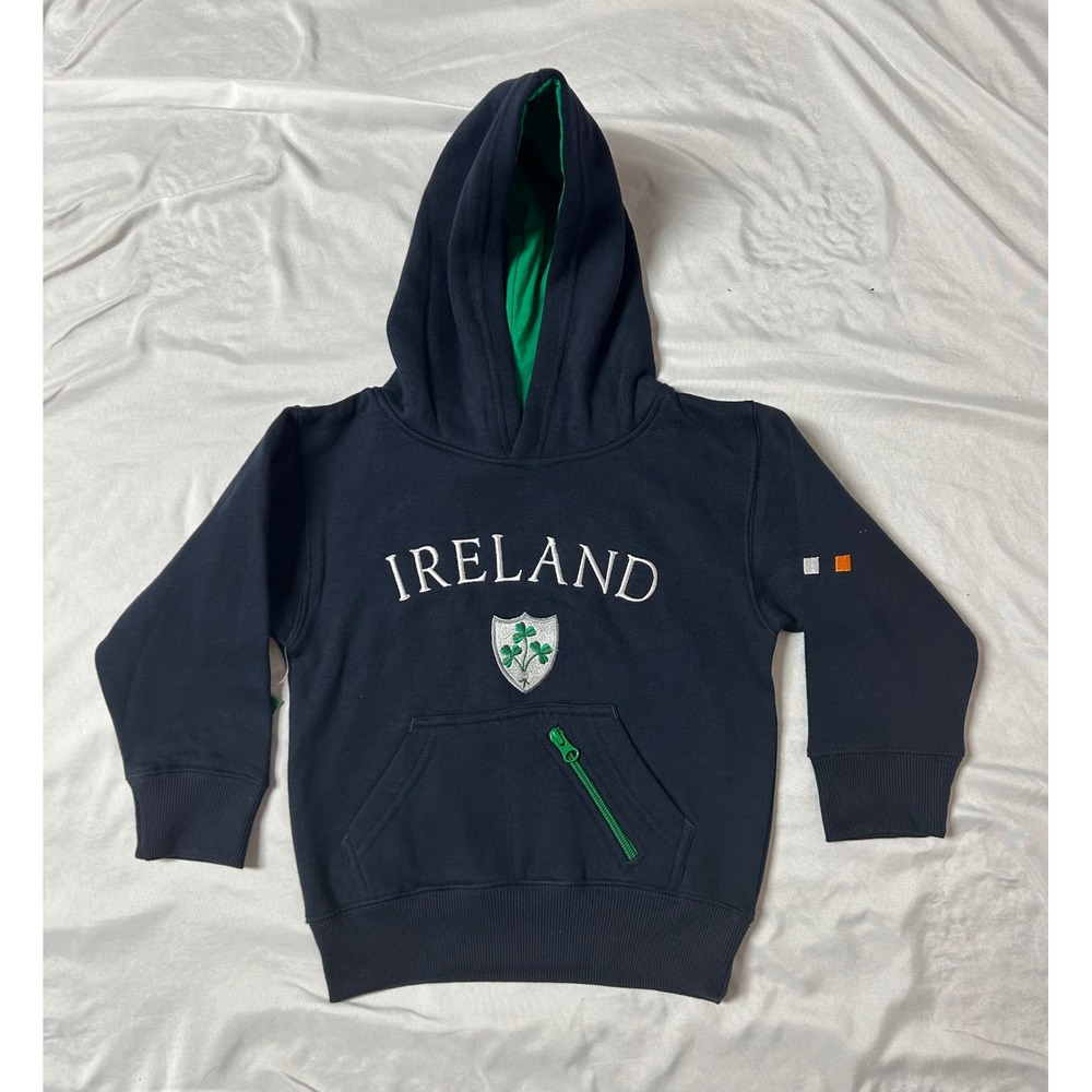 Dolmen Clothing Ireland Navy Blue Embroidered Shamrock Hoodie Kids Size 3-4 NWT